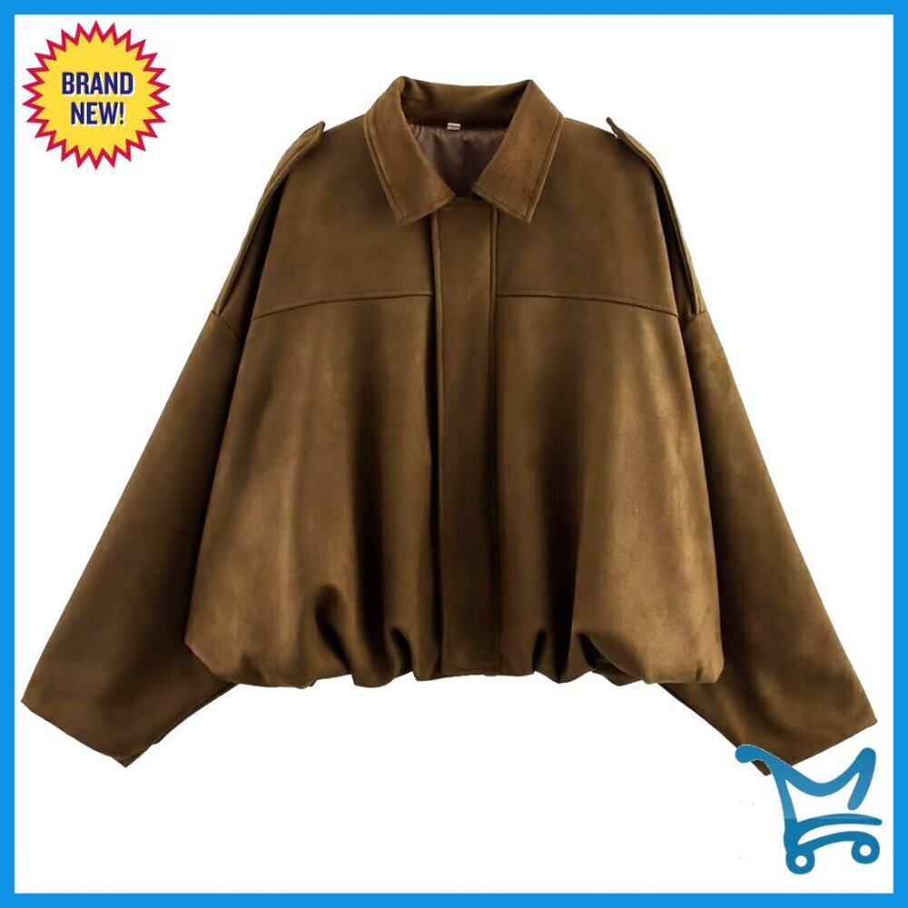 Oversized Faux Suede Bomber Jacket Lapel Zip Streetwear Outerwear